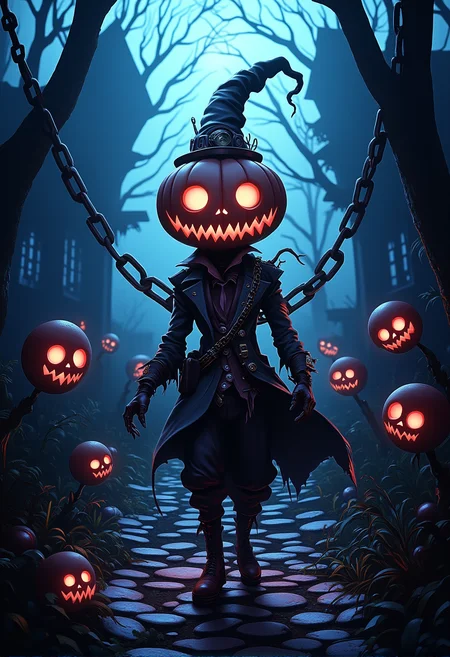 bv-twiwonsty. A creepy figure with glowing eyes and a jack-o'-lantern head, floating in a shadowy graveyard with hanging chains. The atmosphere is filled with ethereal fog, casting neon hues across cobblestone paths. The figure is dressed in steampunk attire, surrounded by creeping vines that cast haunting reflections. , <lora:bv-twisted-wonderland-style-v1.safetensors:1.0:1.0>