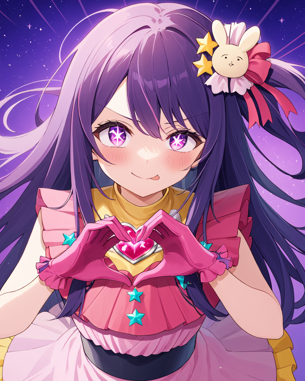 ai hoshino,1girl, one_eye_closed, heart_hands, smile, solo, pink_dress, star_\(symbol\), blush, star_hair_ornament, looking_at_viewer, pink_gloves, symbol-shaped_pupils
<lora:hoshino_ai_(oshi_no_ko)_image2321_2023-12-06:1>,star-shaped_pupils,symbol-shaped_pupils,. gorgeous,key visual, vibrant, studio anime,award-winning, professional, highly detailed,high budget, cinemascope