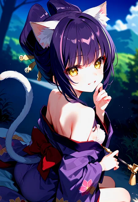 [WAI-ANI-NSFW is merged by WAI0731, T-ponynai3 is trained by Tonade, Epona Mix is merged by K4gtuTi:100], [zPDXLxxx::0.6], score_9, score_8_up, score_7_up, rating_questionable, source_anime, best quality, masterpiece, dreamy watercolor, depth of field, fcx, fyx, phc, yuh, oya, kib, very aesthetic, absurdres, retro style, <lora:Expressive_H-000001:0.5>, Expressiveh, <lora:flat_sdxl:-0.2>, <lora:Mixed_ArtstyleV2:0.3>, [this lora is made by MaiiaM:100], <lora:pony_good_hands:0.2>, good_hands, <lora:iris_size_control2_pony_02:0.4>, <lora:detail_eyes-000019:0.2>, [this lora made by sadsilly:100], detail1eye, anime, 1girl, long eyelashes, ultra detailed eyes, beautiful eyes, bright eyes, faint lips BREAK <lora:darudayu-PD-1.0:1>, petite, cat girl, cat ears, cat tail, purple hair, hair ornament, yellow eyes, small breasts, kimono, bare shoulders, sultry, sexy, holding smoking pipe BREAK pull shirt up, shirt lift, lift by self, bra, cleavege, grin, finger on face BREAK fantasy view, wide field, mountain, forest, sky, cloud, unpaved road BREAK from behind, ass focus, looking back, (from above:0.6), (dutch angle:0.2),  face focus, night sky