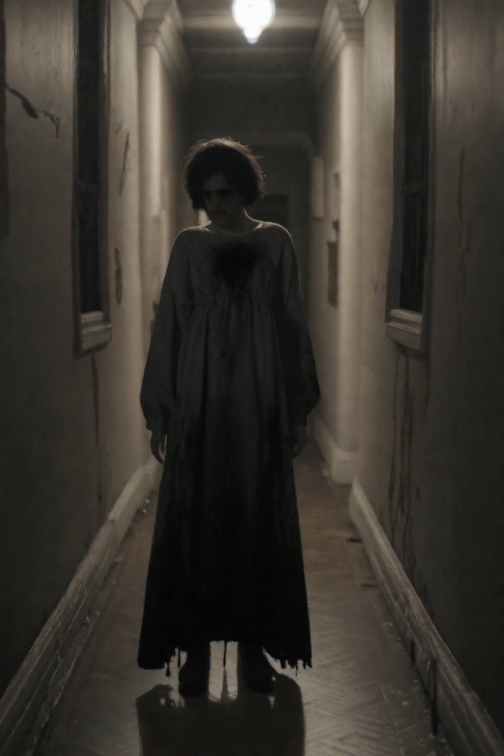 score_9, score_8_up, score_7_up, BREAK .
First-person view, long narrow corridor, dimly lit hallway, ominous atmosphere, single light fixture hanging from ceiling, warm sepia tones, dark shadows, silhouette of a woman standing at the end of the hallway, long dress or coat, slight blur effect, high contrast between light and dark areas, cinematic composition, horror movie aesthetic, hyper-realistic textures, 8k resolution.
 <lora:P.T_SILENT_HILLS:1>silenthillspt style., first-person perspective, shaky view, analog distortion, VHS artifacts, scanlines, tracking errors, low-fi aesthetics, blurred edges, fish-eye lens effect, handheld movement, found footage style, slightly out of focus, degraded image quality, glitch effects, chromatic aberration, time code overlay, interlaced scan lines, muted colors, low light visibility, grainy texture.