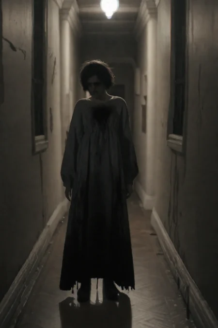 score_9, score_8_up, score_7_up, BREAK .
First-person view, long narrow corridor, dimly lit hallway, ominous atmosphere, single light fixture hanging from ceiling, warm sepia tones, dark shadows, silhouette of a woman standing at the end of the hallway, long dress or coat, slight blur effect, high contrast between light and dark areas, cinematic composition, horror movie aesthetic, hyper-realistic textures, 8k resolution.
 <lora:P.T_SILENT_HILLS:1>silenthillspt style., first-person perspective, shaky view, analog distortion, VHS artifacts, scanlines, tracking errors, low-fi aesthetics, blurred edges, fish-eye lens effect, handheld movement, found footage style, slightly out of focus, degraded image quality, glitch effects, chromatic aberration, time code overlay, interlaced scan lines, muted colors, low light visibility, grainy texture.