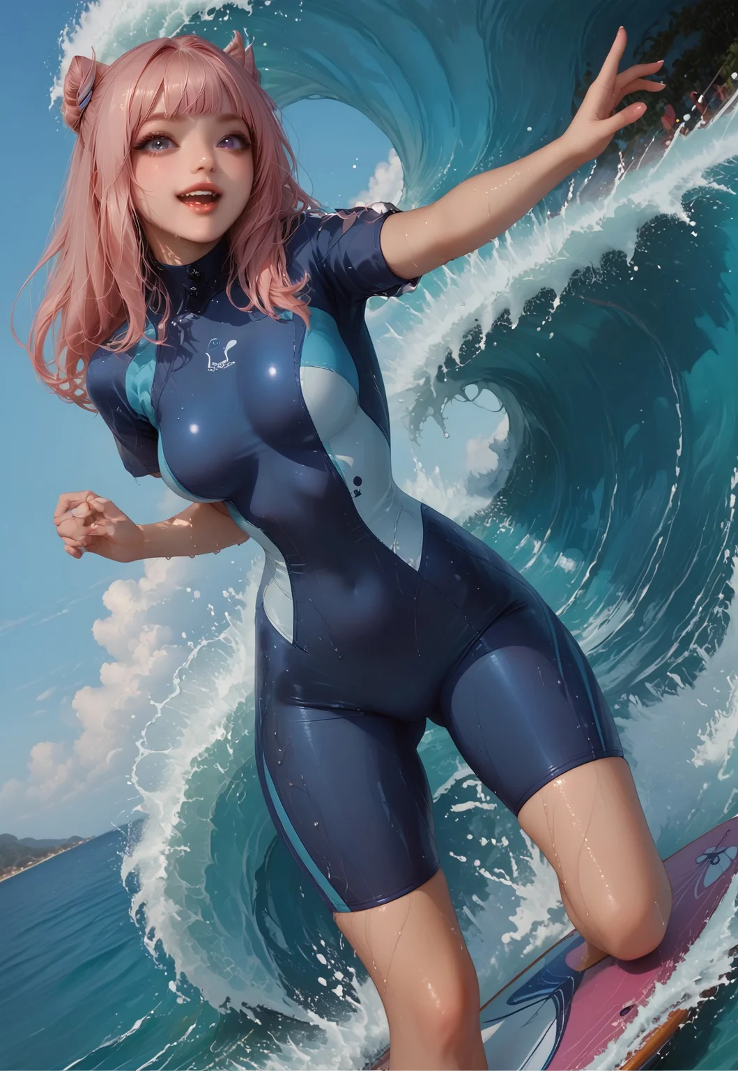 safe_pos, score_9, score_8_up, score_7_up, nsfw, ((masterpiece, best quality, highly detailed)), hyperrealistic, (UHD quality details), action shot, 1girl,Sangonomiya Kokomi, purple eyes, perfect eyes, pink hair, long hair, gradient hair, multicolored hair, sidelocks, blunt bangs, bow-shaped hair, detailed mouth, smile, open mouth, full lips, curvy body, round breasts, wet, bend over, dynamic pose, incrssurfing, surfing, surfboard, wetsuitBBS, short sleeves wetsuitBBS, tight sleeves, sunny weather, large wave splashing panorama in the background, Detailed background, dutch angle, view from below, closeup