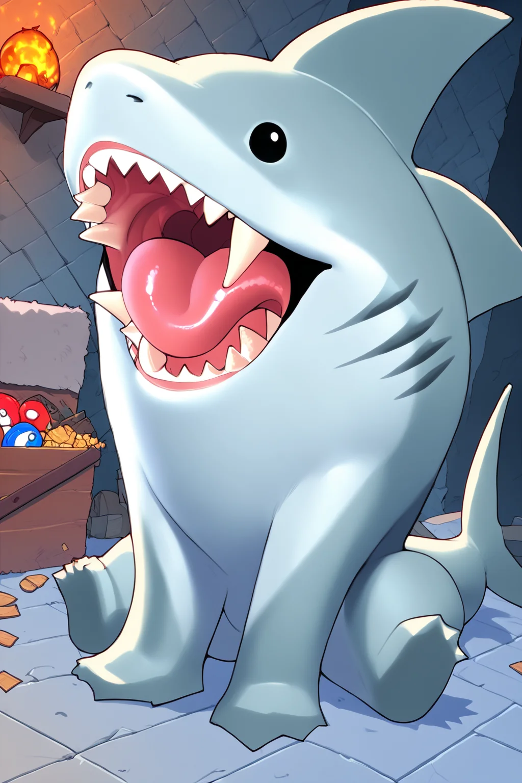 score_9, score_8_up, score_7_up, masterpiece, high quality, BREAK
 <lora:RoninDude StyleLyco:1>rds
 <lora:JefftheLandsharkPonyLora:1> jeffthelandshark, shark, pokemon (creature), tail, sharp teeth, sitting, open mouth, smile, tongue, fangs, fang, teeth