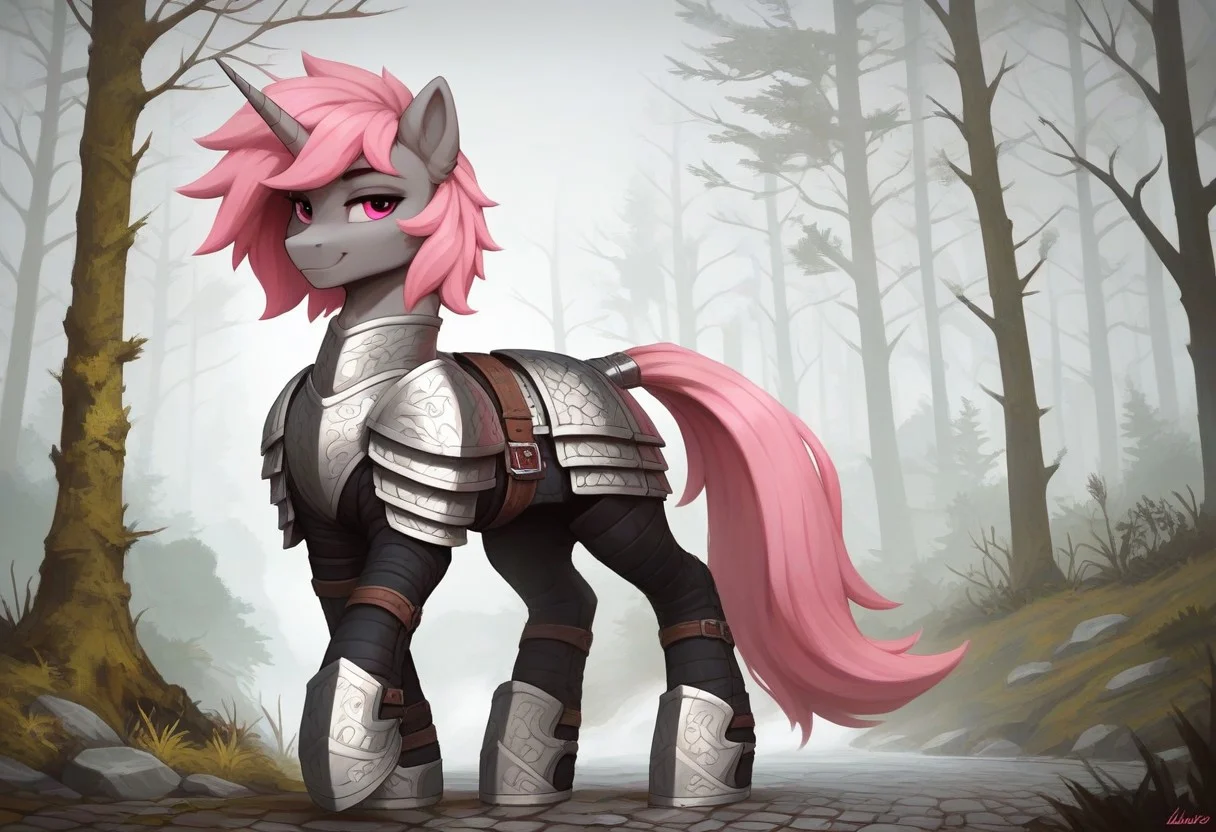 score_9, score_8_up, score_7_up, score_6_up, score_5_up, g4, pony from my little pony friendship is magic, big flanks, anatomically correct, unicorn, unicorn horn, feminine, muscular, large, large frame, fit, sporty body, feminine male, large, tall, male, ash grey body, ash grey fur, hot pink mane and tail, hot pink in mane and tail, short mane, malibu pink eyes,
outdoors, medieval forest, trees, forest, deep forest, fog, foggy, quiet, peaceful, outside, cobblestone path,
Paladin, silver knight armor, silver armor, chainmail, platemail, plate armor, smile, friendly, kind, gentle, soft, friendly, adorable, patrolling, walking, solo, feral