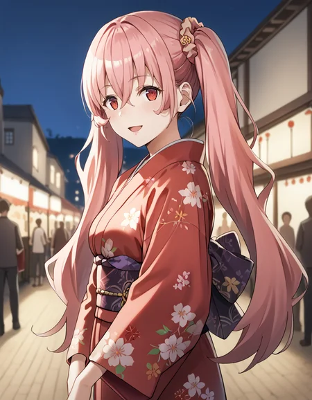 score_9, score_8_up, score_7_up, source_anime, BREAK
1girl, light smile, open mouth, standing, from side, blurry background, medium breasts, scenery, looking at viewer, crowd, market stall, hair ornament, hair scrunchie,
heith velvet, long hair, pink hair, twintails, hair between eyes, red eyes,
outdoors, night, kinchaku,
<lora:heith_velveta_anime-soralz:1>, <lora:colorkimonoPony:0.9>, red kimono, wide sleeves, long sleeves, obi, sash, floral print,