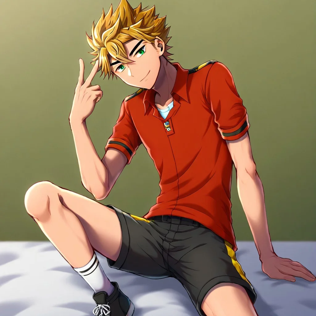 hikarishi_kenji_v2, green eyes, blonde hair, spiky hair, bangs, 1boy, solo, male focus, red shirts, black shorts, white socks, black shoes