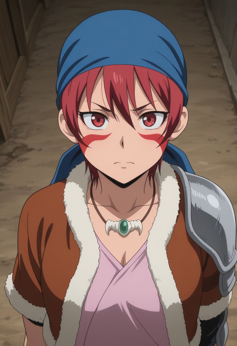 masterpiece,best quality,amazing quality, source_anime, 
alfarid, 1girl, solo, facepaint, red eyes, red hair, blue bandana, necklace, pink shirt, brown jacket, fur trim, shoulder armor,