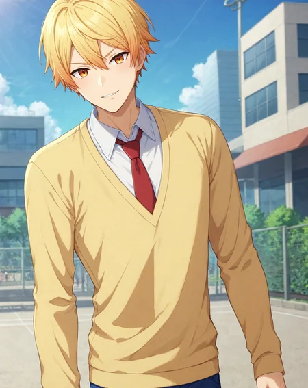 score_9, score_8_up, original style, depth of field, BREAK, rating_nsfw, explicit, uncensored, 1boy, solo, male focus, cowboy shot, <lora:tenma_tsukasa_pony:1> tenma_tsukasa_pony, blonde hair, orange eyes, short hair, hair between eyes, bangs, skinny, yellow sweater, blue pants, white shirt, collared shirt, red necktie, legs, amusement park, day, <lora:sdxl_lightning_8step_lora:1> <lora:xl_more_art-full_v1:0.5>