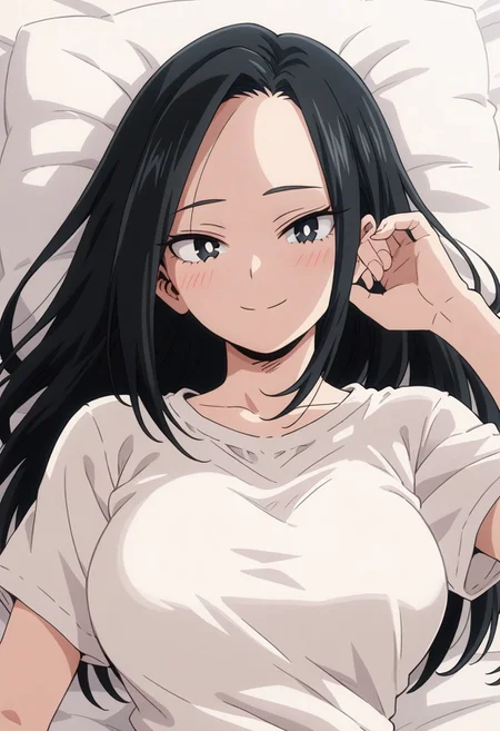 momo_yaoyorozu, 1girl, 1girl,score_9, score_8_up, score_7_up, black hair, black eyes, white pupil, solo, long hair, smile, shirt, collarbone, portrait, white shirt, lying, on bed, breasts, looking at viewer, blush, closed mouth, animestyle, hairdown