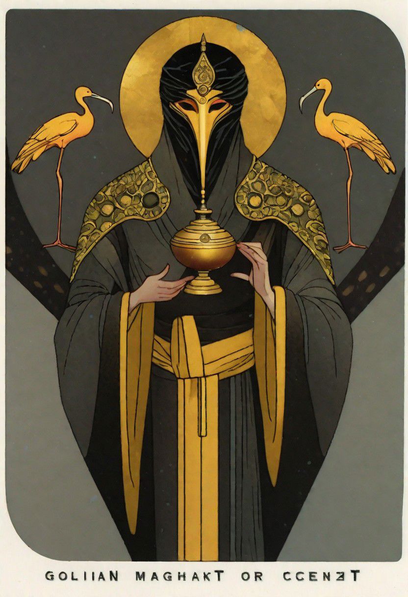 dark grey background, art déco, byzanthine man in black and yellow robes, ornate censer, ((man wearing golden ibis mask)), (man wearing turban), ((upwards shoulder pads)), demon and angel