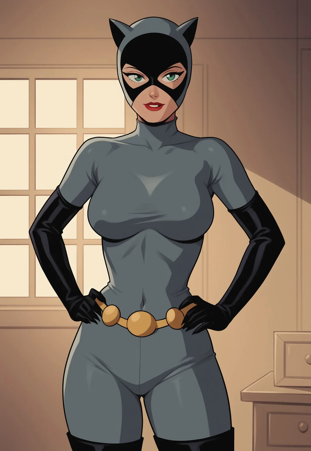 safe_pos, PonyXLV6_Scores BREAK ((retro artstyle, parody)), perfect anatomy, cowboy shot) selina kyle, green eyes, flirting, raised eyebrow, ((looking at viewer)), mask, animal ears, cat ears, bodysuit, elbow gloves, belt, thighhigh boots, curvy, toned, athletic, large breasts, standing, hands on hips, sexually suggestive, indoors