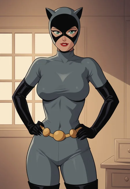 safe_pos, PonyXLV6_Scores BREAK ((retro artstyle, parody)), perfect anatomy, cowboy shot) selina kyle, green eyes, flirting, raised eyebrow, ((looking at viewer)), mask, animal ears, cat ears, bodysuit, elbow gloves, belt, thighhigh boots, curvy, toned, athletic, large breasts, standing, hands on hips, sexually suggestive, indoors