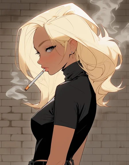 NijiEX style illustration of a young woman with blonde hair smoking a cigarette wearing a black outfit with a brick wall in the background, best quality