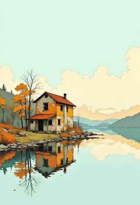 A digital illustration featuring a small house on the shore of a lake. The house is a two-story building with a sloping roof and a chimney on the right side. It is painted in shades of orange, yellow, and brown, with a few windows and a door on the left side. The exterior of the house is covered in rust and peeling paint, giving it an aged and weathered look. The lake is calm and still, reflecting the colors of the sky and the surrounding landscape. There are trees and bushes along the shore, and the water is still and reflects the house and the trees. The sky is a light blue with a hint of orange and yellow, creating a peaceful and serene atmosphere. The overall mood of the drawing is one of tranquility and serenity. Lakescape.