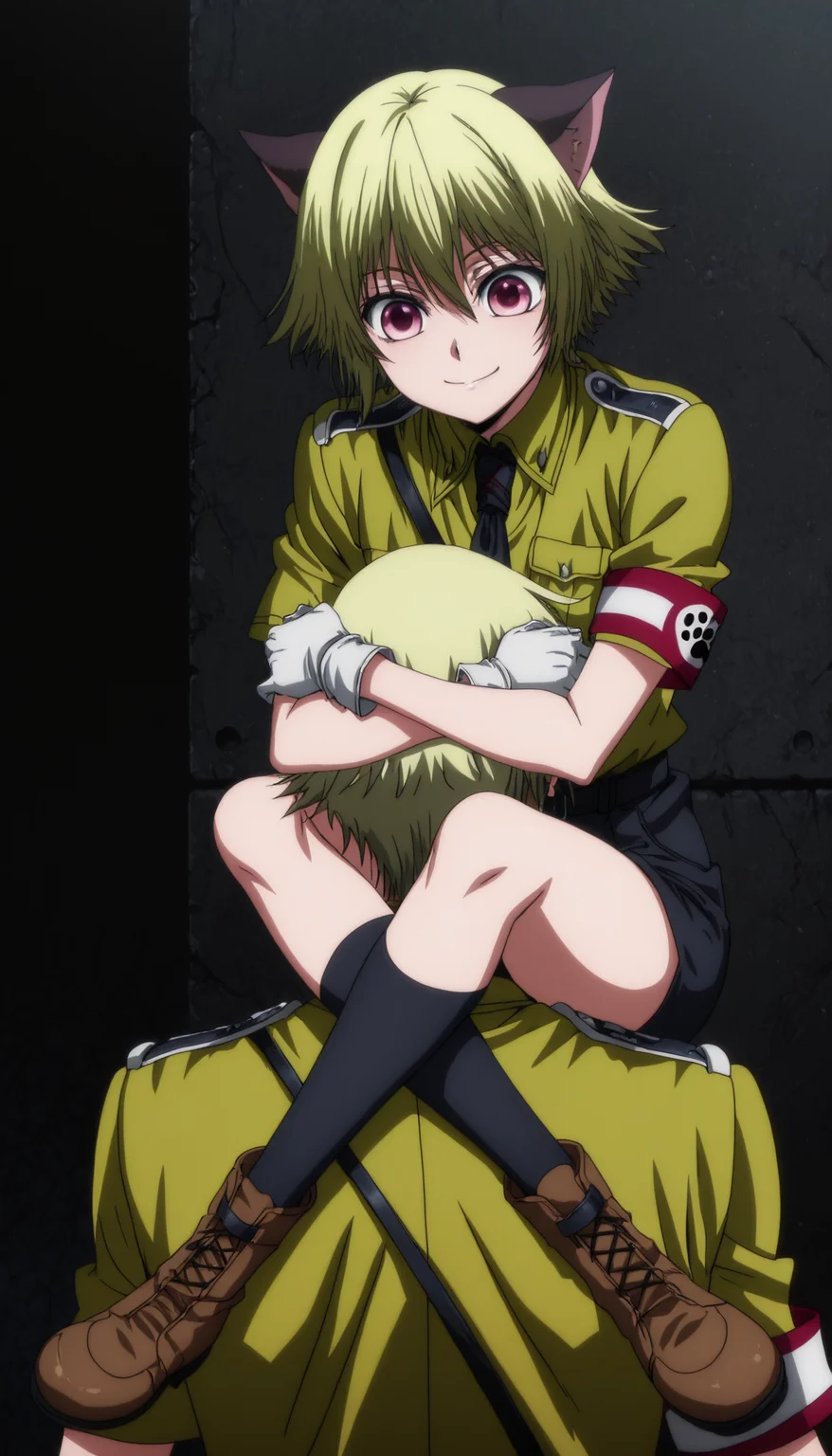 score_9, score_8_up, score_7_up, score_6_up, source_anime, high res, anime coloring, anime screencap, <lora:Reverse Shoulder Carry_Illustrious:1>Reverse Shoulder Carry,1girl,1boy,head lock,holding head,riding shoulder,background outdoors,cool smile,<lora:(Illustrious)Schrödinger:1> WOSchrödinger, 1boy, solo, male focus, blonde hair, short hair, cat ears, pink eyes,green collared shirt, black necktie, armband, white gloves, sam browne belt, black belt, black shorts, black kneehighs, brown boots,