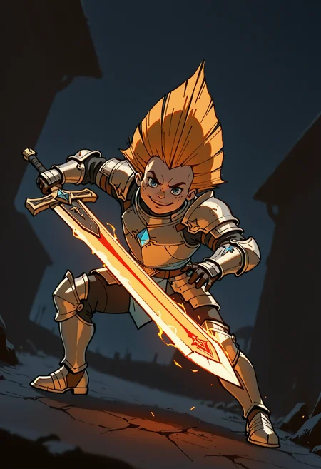 <lora:Neznajka:1.0>, 1 boy, solo, rich colors, badass boy, <lora:princess_xl_v2:0.6>, Neznajka, <lora:aidmaMJ6.1_v0.5_IL:0.6>, strong, paladin armor, blue eyes, , (young:0.9), detailed backgroung,paladin,dark fantasy, dynamic, best quality, amazing quality, very aesthetic, absurdres, newest, depth of field, separate focus, dynamic angle, dynamic composition, masterpiece, highres, 4k, intricate details,three quarter view, face focus, powerful,paladin clothes, holy, (smug:0.8), holy magic, holy armor, full body, glowing red armor, holy sword, holy shield, holy aura, arrogant look, dark, night, pitch darkness, (attacking viewer:1.2), battle pose, rised sword, close to wiewer, battle, red glowing