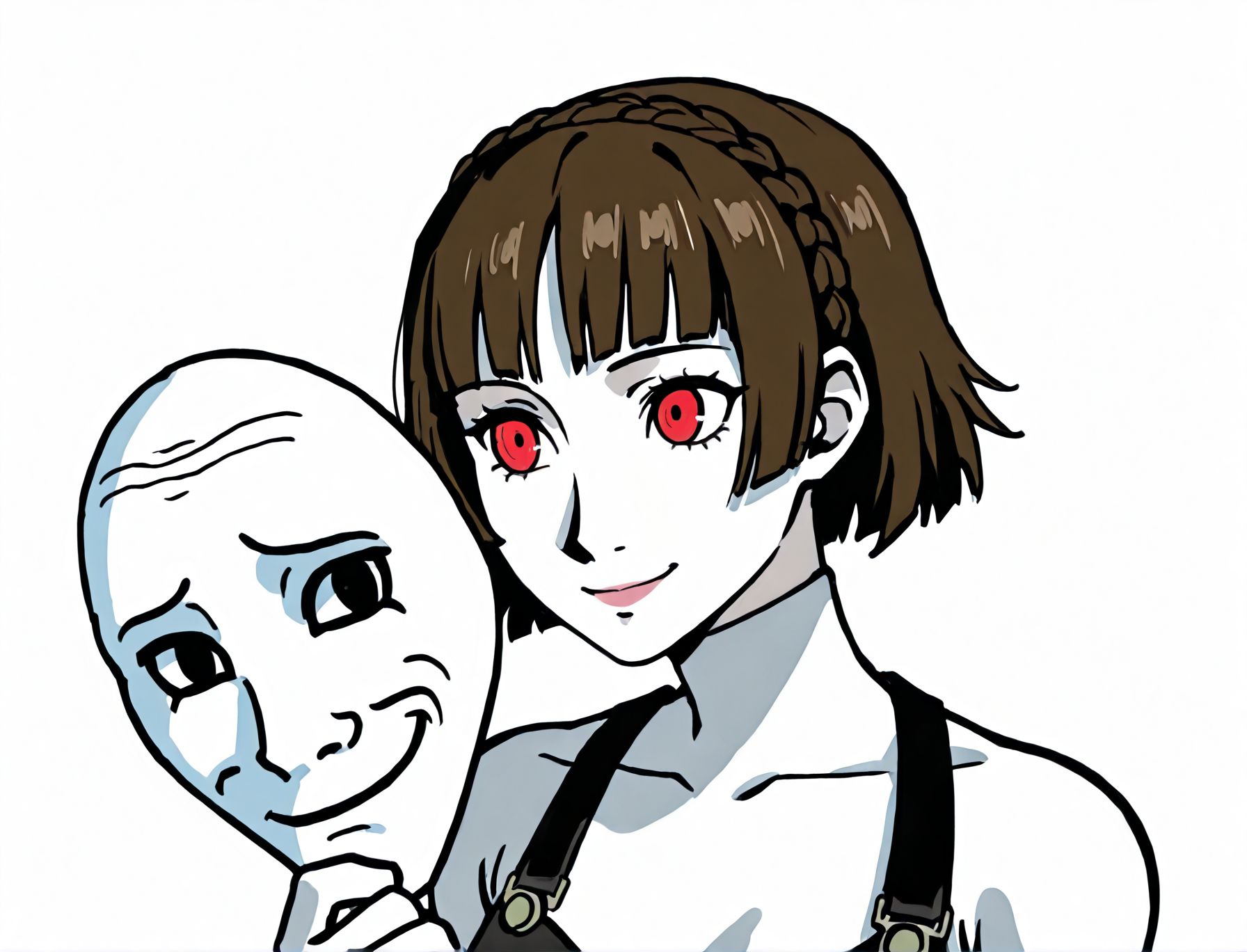 toon \(style\), 2d,
<lora:Wojak_style:1.1>Wojak style,
1girl,solo,holding mask,  
mask,holding,
wojak mask,  under wojack mask,holding mask,
Wojak style,  smile, 
niijima makoto, 
persona 5, 
white background, simple background, 
white skin,ugly man,