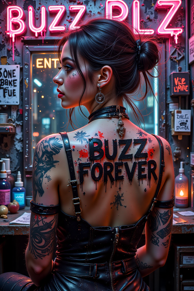 Close-up of a gothic girl in a neon-lit cyberpunk tattoo parlor, her back exposed as a tattoo artist carefully inks the bold, artistic words "BUZZ FOREVER" in a striking, modern typography style. The tattoo uses expressive, creative lettering that reflects experimental and urban design influences. Her pale skin is a canvas of existing black ink tattoos, with elegant calligraphic forms and stencil-style symbols wrapped across her arm and collarbone.  

She wears a black tank top, lowered to reveal the tattooed back, with dramatic lighting emphasizing the crisp contrast between ink and skin. Her lips are painted deep red, and her black eyeliner frames an intense, focused gaze. Multiple piercings glint in the glow of the shop's vibrant, textured neon lighting.  

The background features grunge textures, geometric patterns, and graffiti-like typography elements on the walls, adding an urban street-art feel. Holographic tattoo stencils and vibrant jars of glowing ink contribute to the futuristic, artistic vibe. The typography of "BUZZ PLZ" is central, designed in a bold, abstract font that captures attention and style, perfect for poster or logo design aesthetics. Graphic design elements, mixed media textures, and soft light gradients enhance the composition, blending elegant typographic design with a gritty, emotional cyberpunk setting.,GlyphForge
