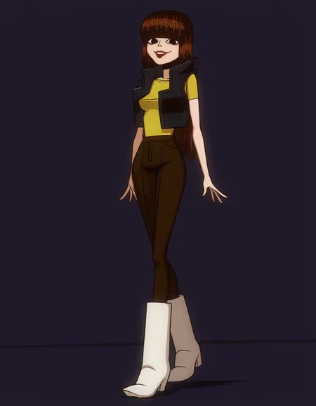 <lora:JulieKaneIllustrious1.0JLFO:1> julie, 1girl, bangs, solo, blunt bangs, shirt, vest, lipstick, yellow shirt, black eyes, makeup, long hair, brown hair, black hair, smile, bob cut, boots,full body, looking at viewer,, masterpiece, best quality, amazing quality, very aesthetic, absurdres