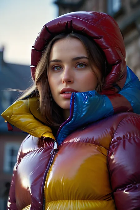 Stunning portrait of a sweet, cute, slim, long haired, young European woman. she is dressed in (shiny), colorful, completely enclosureable, (puffer down outfit:1.3) by parkasite, very high yoked. emotional, tempting, dramatic, high detail, realistic, realistic character design, inspiring, intense emotion, masterpiece, 8k, RAW photo, portrait, best quality, ultra high res, photorealistic, cinematic lightning, digital painting, storytelling, high resolution, depth of field, lens flare, <lora:Parkasite_XL:0.7>