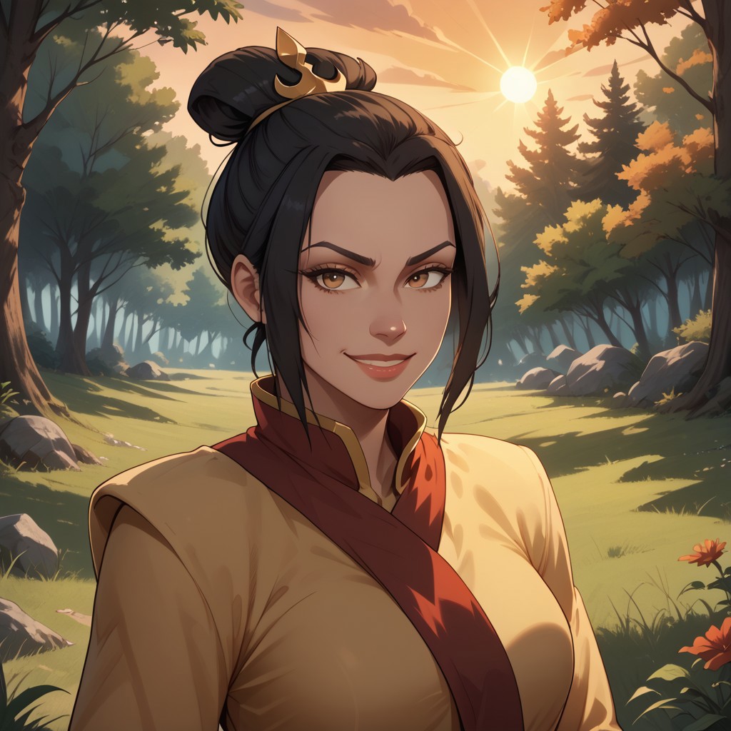 score_9, score_8, BREAK, solo, Azula, black hair, brown eyes, topknot, sidelocks, hair bun, single hair bun, sexy pose, self portrait, smile, outdoors, sunlight, shadows, evening lighting, natural lighting, forest, trees, grass, orange sky, sunset