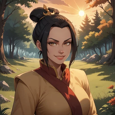 score_9, score_8, BREAK, solo, Azula, black hair, brown eyes, topknot, sidelocks, hair bun, single hair bun, sexy pose, self portrait, smile, outdoors, sunlight, shadows, evening lighting, natural lighting, forest, trees, grass, orange sky, sunset