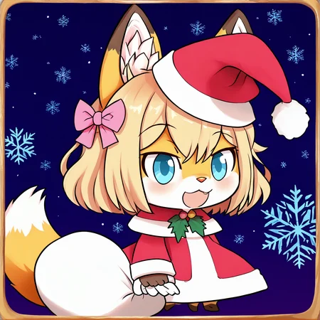 padoru <lora:padoru-IL-1.0:1>, <lora:Katinka_v01_PDXL:1>, masterpiece, perfect quality, best quality, anime coloring, 1girl, solo, padorumeme, padoru, simple dark blue background, Katinka, 1girl, solo, short hair, blonde hair, animal ears, fox ears, furry female, fox tail, blue eyes, hair bow, pink bow, fox girl, white fur, animal nose, bangs, body fur, two-tone fur, christmas background, score_9, score_8_up, score_7_up, score_6_up, score_5_up, score_4_up,