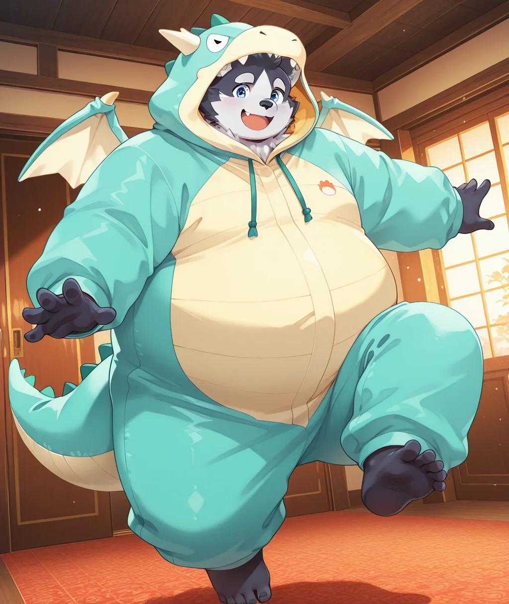 masterpiece, best quality, colorful, high quality, cinematic ambiance, <lora:t-harima-v2-10:1> t-harima, dog boy, 1boy, chubby, dragon_costume, dragon cosplay, indoors, jumping, happy, knee up, barefoot