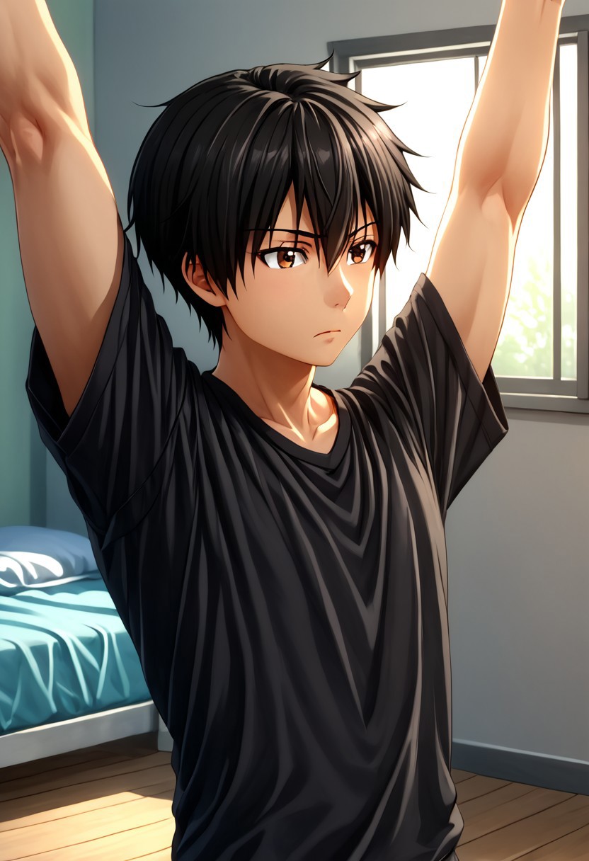 high resolution, solo, best quality, 1Boy, Seiya Kanie, Black Hair, Short Hair, Thin, Brown Eyes, Morning exercise, stretching, fresh air, start,