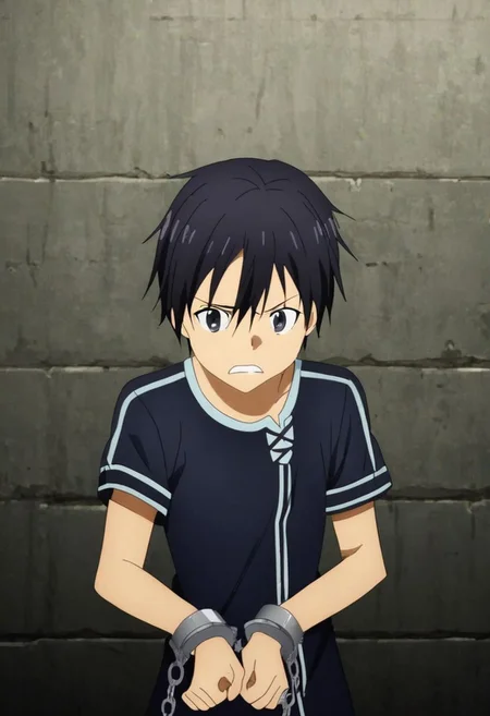 high resolution, solo, best quality, 1Boy, Kazuto Kirigaya, Black Hair, Black Eyes, arrested, restrained, struggling, handcuffs, interrogated, interrogation room, OverallDetail