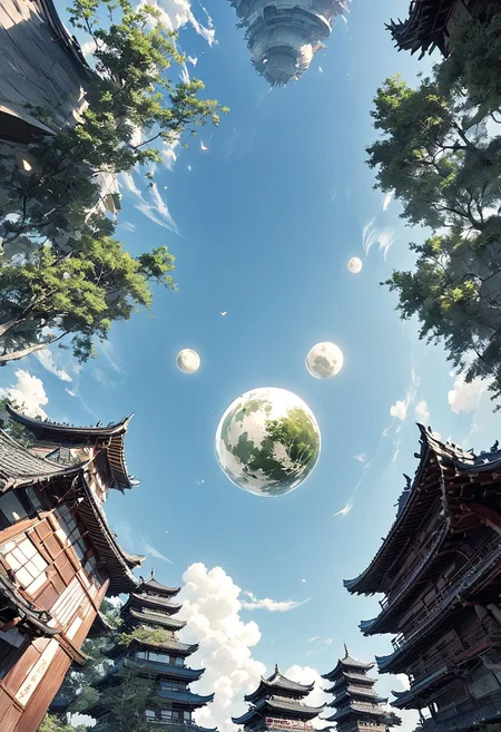 bug, sky, pagoda, torn pants, multiple boys, forehead mark, blurry, ofuda, holding cup, plant