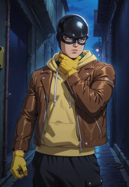 dbstyle, masterpiece, best quality, hyper-Detailed, 1man, solo, male focus, alone, detailed, peter ((young, muscular body, fair skin, detailed blue eyes, thick lips, chin stubble)), ((wearing black helmet, black mask, daredevil mask, brown leather jacket with long sleeves over a yellow hoodie over a green sweater turtleneck, black cargo pants, thick yellow gloves)), serious, hand on chin, looking away, standing in a dark alley, night time