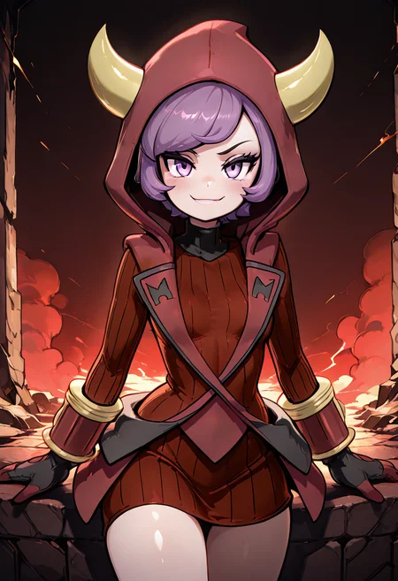 masterpiece, best quality, 1girl, eyelashes, (beautiful eyes), looking at viewer, smile, narrow waist, wide hips, zzCourtney, hoodie, red dress, red gloves, fake horns, sweater dress, ribbed dress, turtleneck dress, (dynamic pose, foreshortening), ,<lora:CourtneyPokemon_IXL:1.0>, , smile, looking at viewer, cowboy shot, leaning forward, smug, <<lora:MantisIXL_v2:0.8>,