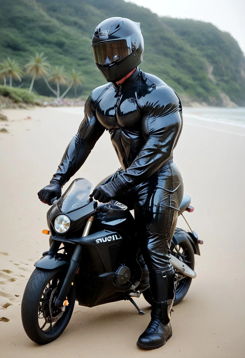 score_9, score_8_up, score_7_up, photo, photorealistic, rating_explicit, (solo:1.1), 1boy, muscular male, masculine male, black glossy rubber full bodysuit, skintight, black rubber gloves, black rubber boots, abs, nipples, pecs, black motorcycle helmet with black tinted visor, proud, sweaty, outdoors beach, five digits, driving a black motorcycle, riding black motorcycle, side view