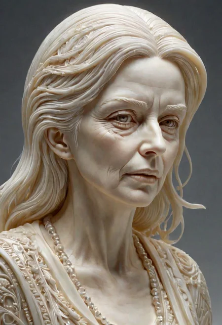 dystopian style ivory_carving_style, beautiful picture of an old Lady portrait, closeup, made out of delicate and fragile fine original ivory material, whole body, masterpiece, flawless, elegant, vibrant details, (expansive view:1.4), (clear outlines:1.4), (ultra detailed:1.4), 64K, (high contrast:1.4), award winning, stunning, beautiful composition, clean sharp focus, SFW, realistic . bleak, post-apocalyptic, somber, dramatic, highly detailed