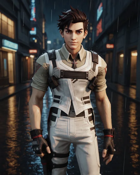 score_9, score_8_up, score_7_up, rating_questionable, intricately detailed, science fiction setting,
<lora:homri52:1>,
<lora:Paxton_Pryce_Fortnite:0.8>,
1boy(paxt0npryc3, paxb0ttom, white pants, paxt0p, cowboy shot, standing, looking at the viewer, solo, friendly, slight smile, looking at the viewer),
front view,
rain, wet street, wet, futuristic city, futuristic buildings, high rises, on a road, at night, darkness, rainfall, dark theme, depth of field, detailed background,
<lora:ral-chrosc-clr:0.5>, ral-chrosc-clr,
<lora:Expressive_H:0.5>, expessiveH,
<lora:xl_more_art-full_v1:0.3>,
<lora:add-detail-xl:0.3>