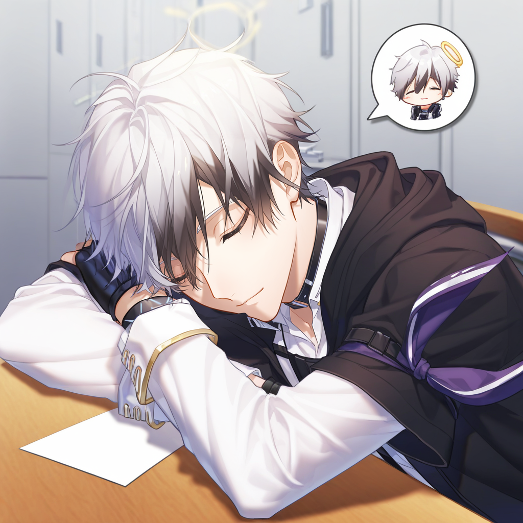 1boy, adnachiel \(arknights\), adnachiel, solo, mature male, tilted halo, short hair, white hair, black streaked hair, (krenz, quuni, yoneyama mai:1.2), depth of field, portrait, classroom, pov across table, (arm pillow:1.2), closed eyes, sleeping, resting, closed mouth, light smile, spoken character, short over long sleeves, white gakuran, white shirt, gold buttons, collared shirt, white sleeves, sleeve cuffs, choker, black headphones, black jacket, chest belt, short-sleeved jacket, hood down, bandana around arm, single wristband, open jacket, detailed face, perfect eyes, masterpiece, best quality, newest, absurdres, highres, explicit, <lora:Adnachielå®å¾·åå°5 lora.TA_trained:0.8>, <lora:DetailedEyes_xl_V2:1>, <lora:add-detail-xl:2>, <lora:ChamIllustriousBackgroundEnhancer:0.8>,