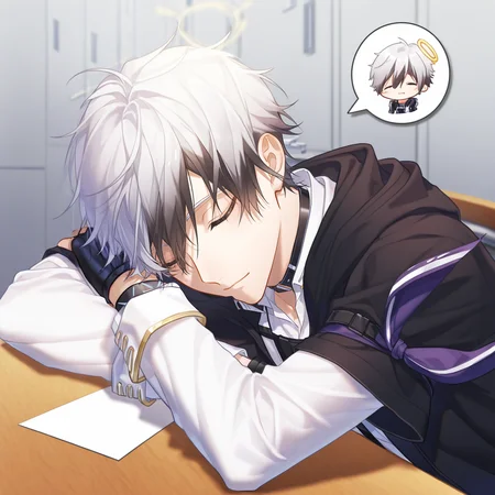 1boy, adnachiel \(arknights\), adnachiel, solo, mature male, tilted halo, short hair, white hair, black streaked hair, (krenz, quuni, yoneyama mai:1.2), depth of field, portrait, classroom, pov across table, (arm pillow:1.2), closed eyes, sleeping, resting, closed mouth, light smile, spoken character, short over long sleeves, white gakuran, white shirt, gold buttons, collared shirt, white sleeves, sleeve cuffs, choker, black headphones, black jacket, chest belt, short-sleeved jacket, hood down, bandana around arm, single wristband, open jacket, detailed face, perfect eyes, masterpiece, best quality, newest, absurdres, highres, explicit, <lora:Adnachielå®å¾·åå°5 lora.TA_trained:0.8>, <lora:DetailedEyes_xl_V2:1>, <lora:add-detail-xl:2>, <lora:ChamIllustriousBackgroundEnhancer:0.8>,