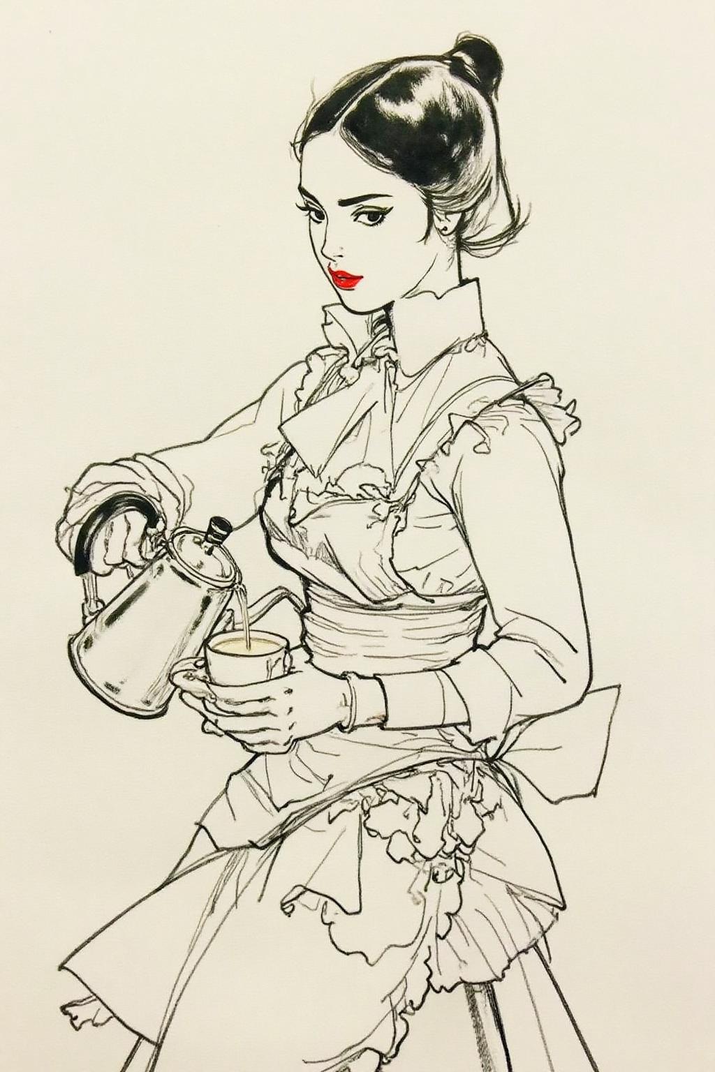 kj9 illustration.
A young woman with classic British makeup, bold eyeliner and red lipstick, stands confidently in a crisp white dress shirt and a neat apron. She is gracefully pouring coffee from a sleek coffee kettle into a cup she's holding in her other hand. Her expression is focused but relaxed, embodying a sense of elegance and charm in her routine.  <lora:kj91_cap_d6a3e12:1.0><lora:819910227752127742:0>