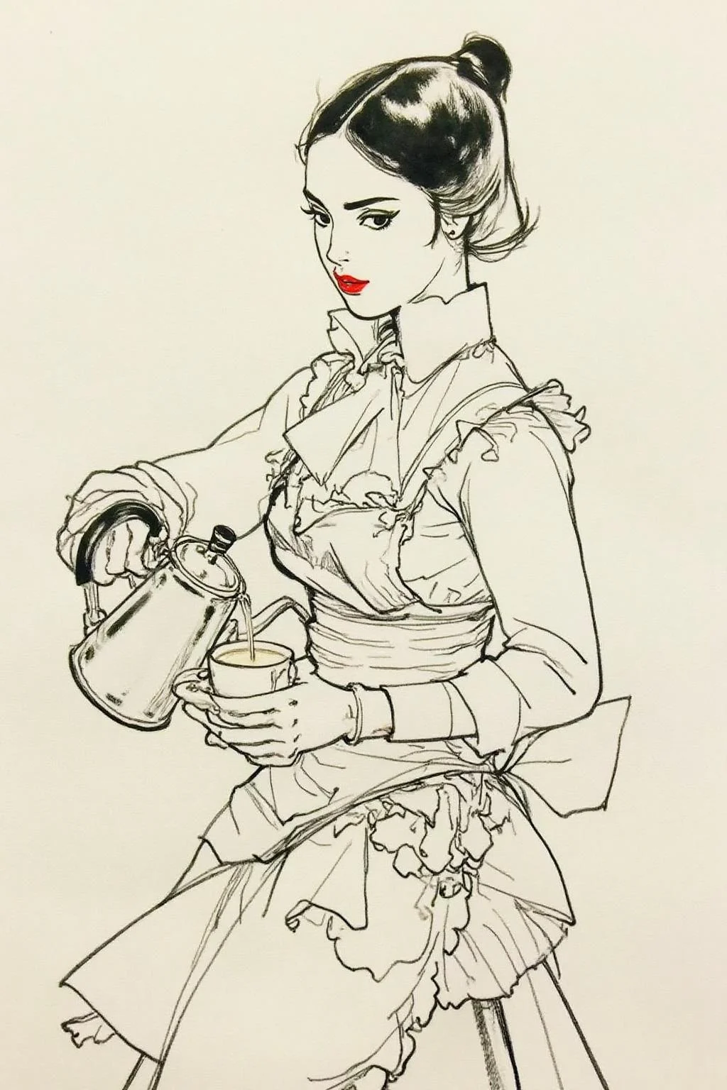kj9 illustration.
A young woman with classic British makeup, bold eyeliner and red lipstick, stands confidently in a crisp white dress shirt and a neat apron. She is gracefully pouring coffee from a sleek coffee kettle into a cup she's holding in her other hand. Her expression is focused but relaxed, embodying a sense of elegance and charm in her routine. <lora:kj91_cap_d6a3e12:1.0><lora:819910227752127742:0>