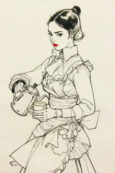 kj9 illustration.
A young woman with classic British makeup, bold eyeliner and red lipstick, stands confidently in a crisp white dress shirt and a neat apron. She is gracefully pouring coffee from a sleek coffee kettle into a cup she's holding in her other hand. Her expression is focused but relaxed, embodying a sense of elegance and charm in her routine. <lora:kj91_cap_d6a3e12:1.0><lora:819910227752127742:0>