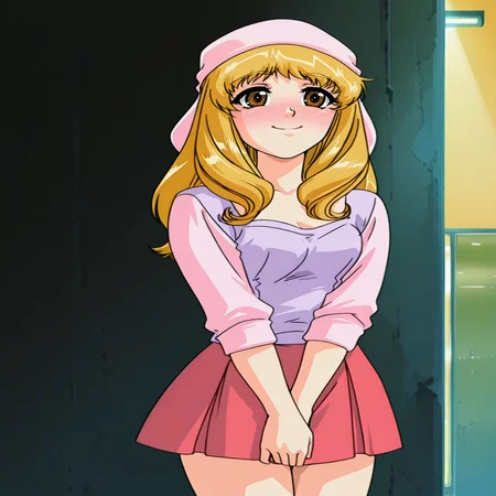 HDA_MasterpieceXL_v1.2, <lora:Blonde_Nymph_-_Nymphs_Of_The_Stratosphere:1> NymphIL, blonde, long hair, pink hat, purple dress, pink plated skirt, pink sleeves, brown eyes, smiling, blushing