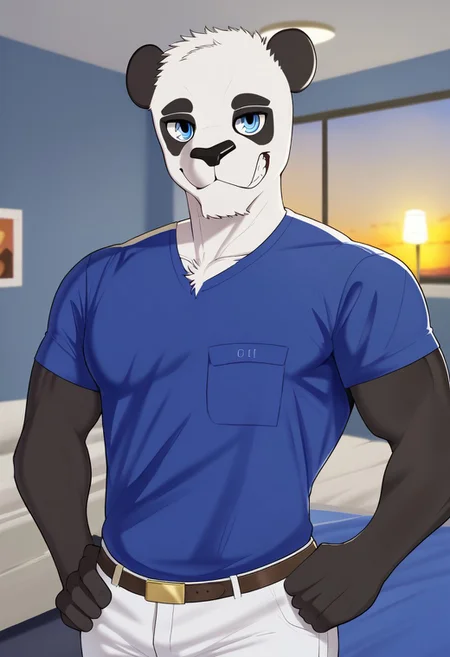 <lora:BryanLiuPXL-05:0.7>, BryanLiu, short hair, blue eyes, 1boy, solo, furry, furry male, panda, black fur, detailed background, inside, indoors, bedroom, lamp, photo, window, sunset, cloud, best quality, HD, hi res, masterpiece, unparalleled masterpiece, (cell shaded), muscular male, bara, pectorals, large pectorals, white pants, belt, blue shirt, abs, pectoral cleavage, smile, hands on hips, (pose), (posing), lidded eyes, narrowed eyes