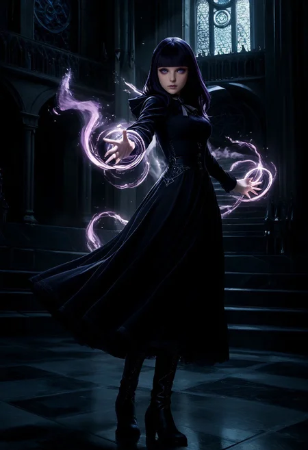 score_9, score_8_up, score_7_up, score_6_up, k9r0, Darmagmb, very aesthetic, detailed face, full body, action shot BREAK 1girl, 25 years old, action pose, dark aura, casting spell, magical, purple spell, purple magic, Spell hexagram, purple aura, dark aura, purple magic hexagram, cute face, purple eyes, skinny body, black hair, blunt bangs, hime cut, black dress, long dress, long sleeves, hood, cloak, boots BREAK indoors, old castle, hall with artifacts, old books,
