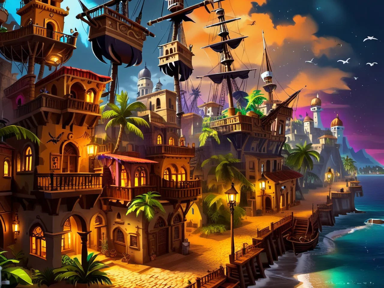 <lora:CulturePunkAI_3:.9> PiratePunkAI city Highly detailed, amazing, Impressive lighting, vibrant colors, Ultra Realistic, High quality, Highly detailed, trending on artstation, intricate detailed background