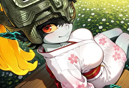 best quality, amazing quality,,beautiful scenery,
sitting, 5parr0w5tyl3, cartoon, looking at viewer, 1girl,solo,midna, female, solo, red eyes, yellow sclera, happy, smile, cute face, kimono dress, kimono-dress,  flowers, close up, large breasts, (big lips:0.7), from above, side view, shortstack
