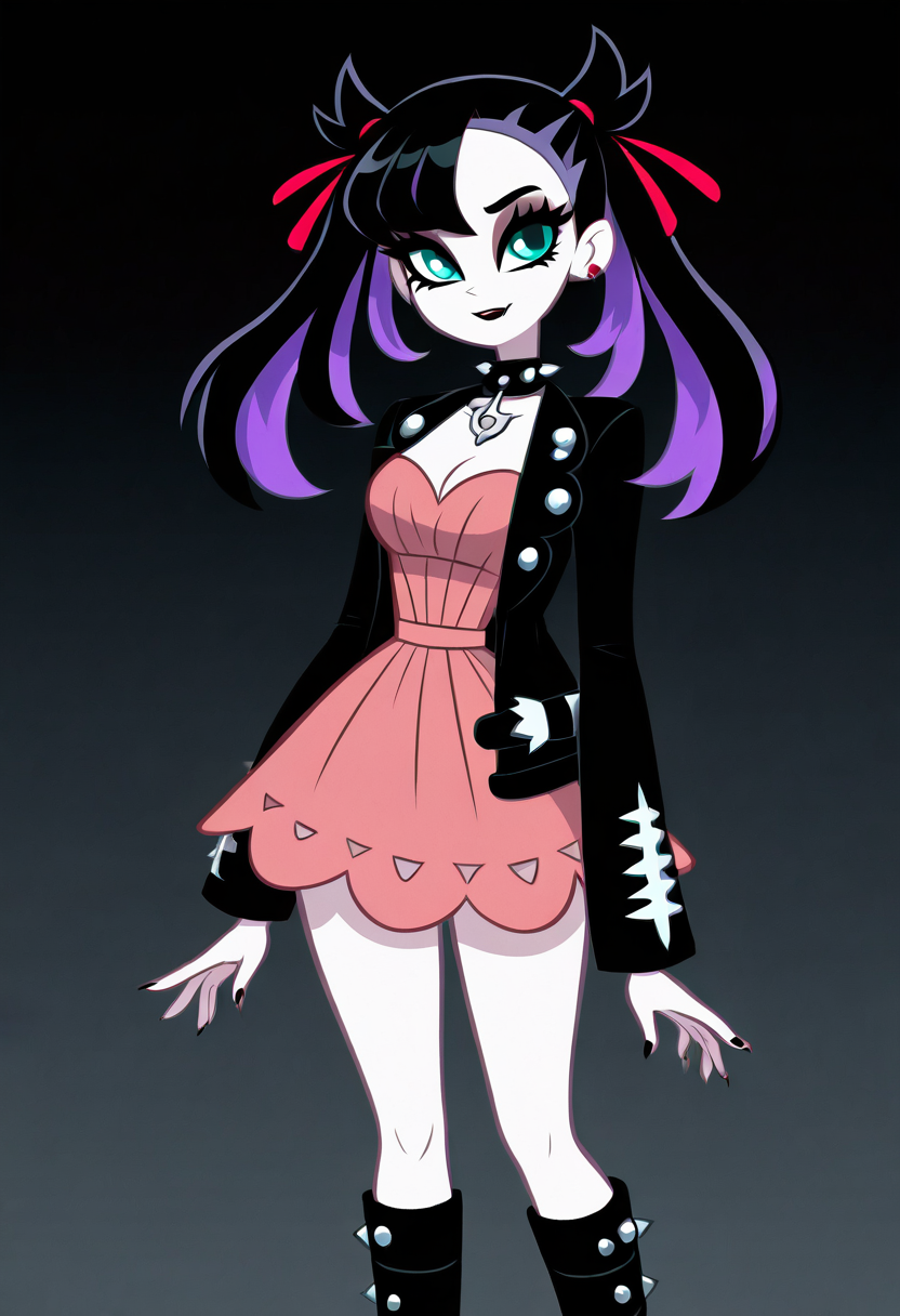 (masterpiece, best quality, good quality, very aesthetic, absurdres, newest:1.2), (curvy, medium breasts),  zzMarnie, aqua eyes,  black choker, red ribbon, pink dress, jewelry, black jacket, open clothes, long sleeves,  ,<lora:MarniePokemon_NAI_v2:1.0>,, smile, looking at viewer, cowboy shot, (two-tone hair, purple hair, makeup, eyeshadow, black lips, dress, black boots, knee boots, spikes, spiked collar, gothic),   ,<lora:VampieNAI:1.0>,