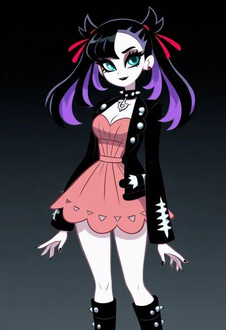 (masterpiece, best quality, good quality, very aesthetic, absurdres, newest:1.2), (curvy, medium breasts), zzMarnie, aqua eyes, black choker, red ribbon, pink dress, jewelry, black jacket, open clothes, long sleeves, ,<lora:MarniePokemon_NAI_v2:1.0>,, smile, looking at viewer, cowboy shot, (two-tone hair, purple hair, makeup, eyeshadow, black lips, dress, black boots, knee boots, spikes, spiked collar, gothic), ,<lora:VampieNAI:1.0>,