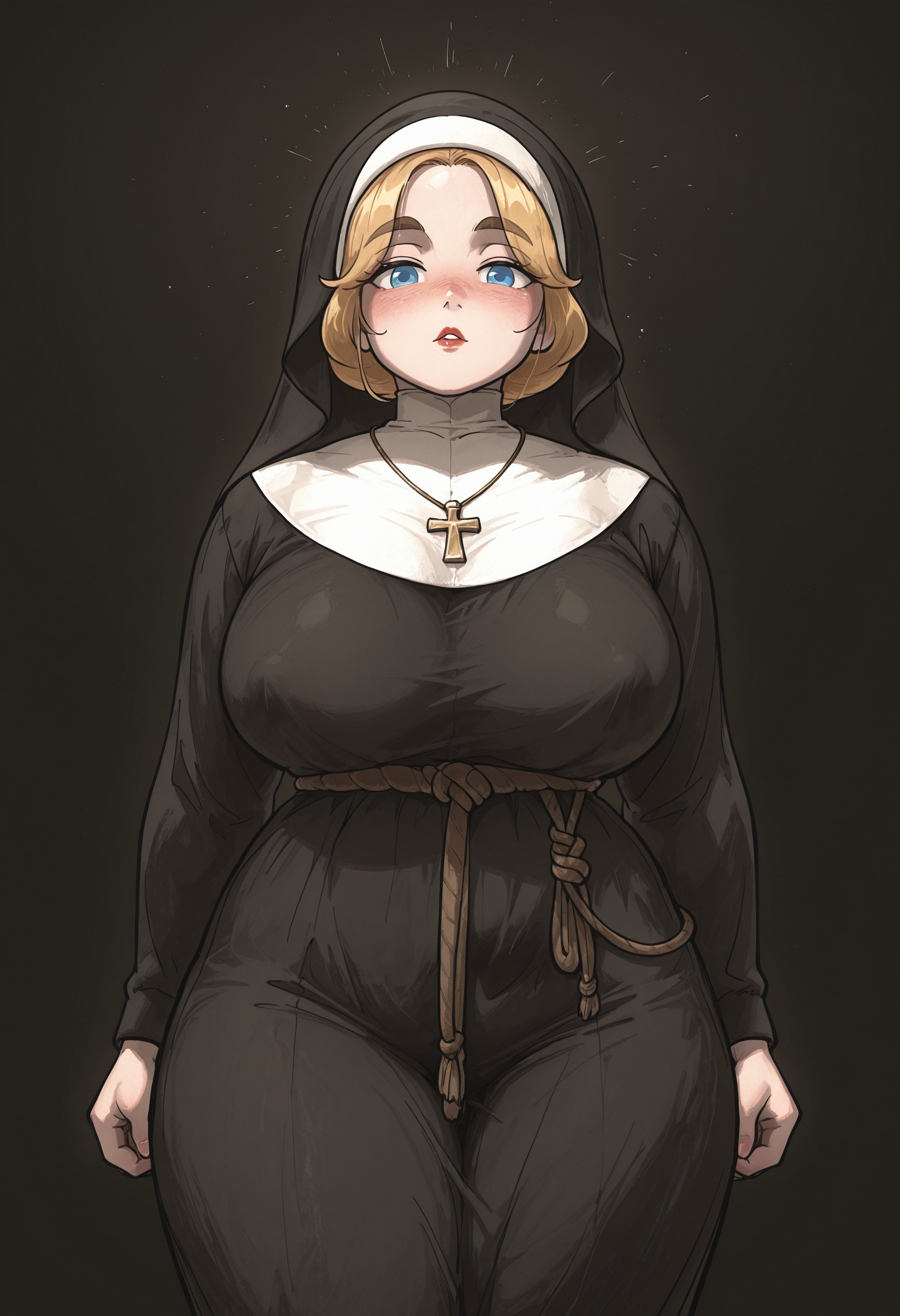 medieval, mature female, (milf), 1girl, (solo), extremely pale skin, wide_green, nose blush, parted plum lips, plump girl, plump face, blonde, (blue_eyes), thick eyebrows, thick, (coif), veil, aventail, large breasts, pointy breasts, sagging breasts, (fully_clothed), no_bra, hugee ass, wide hips, huge thighs, thick thighs, rope belt, (black long tunic), wimple, guimpe, (large necklace), \cross\_necklace, untucked clothes, pendant, nun_outfit, traditional_nun, standing, (unaware), detailed lighting, looking_at_viewer, sway_back, candid shot, (black simple_background), (masterpiece), (best quality), (ultra-detailed), (highest resolution), very aesthetic, absurdres, highres, newest, ironl2, <lora:2e1040a4-7eb2-441d-8972-3453c541e75b:0.9>