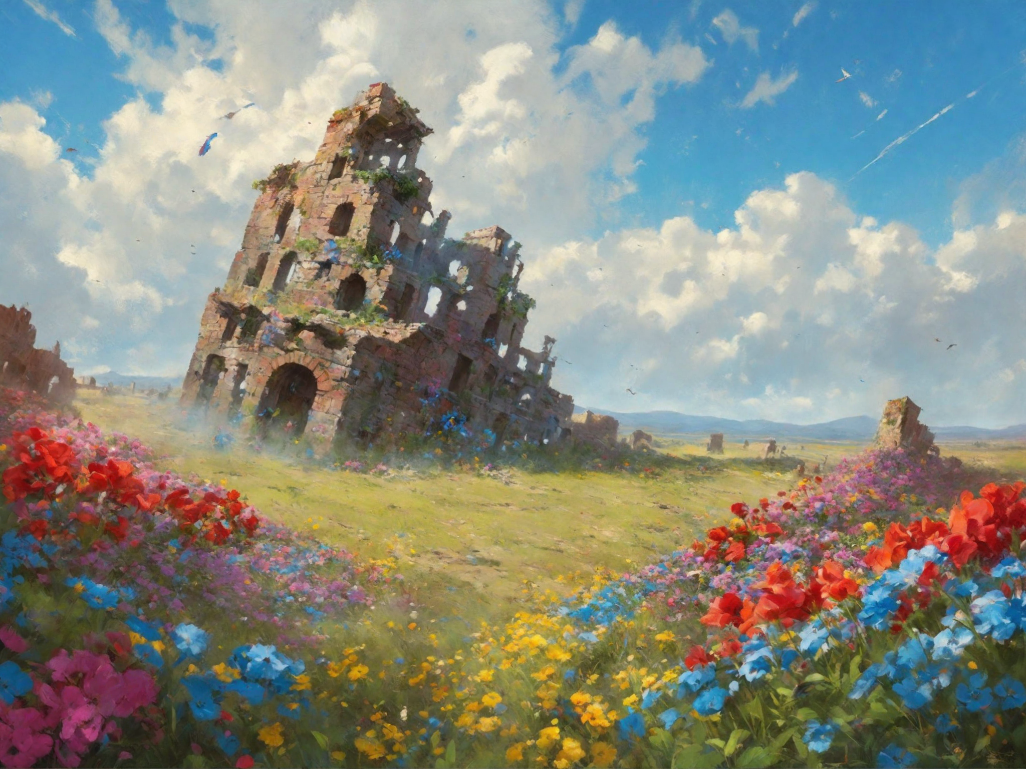 by greg rutkowski, (masterpiece, best quality), flying ruins of an ancient town, fantastical field, outdoors, letterboxed, day, sky, cloud, sunlight, multi colored flowers, blue sky, depth of field
